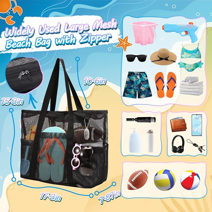 Tagitary Mesh Beach Bag with Zipper Large Beach Tote Waterproof Sandproof with - Image 2