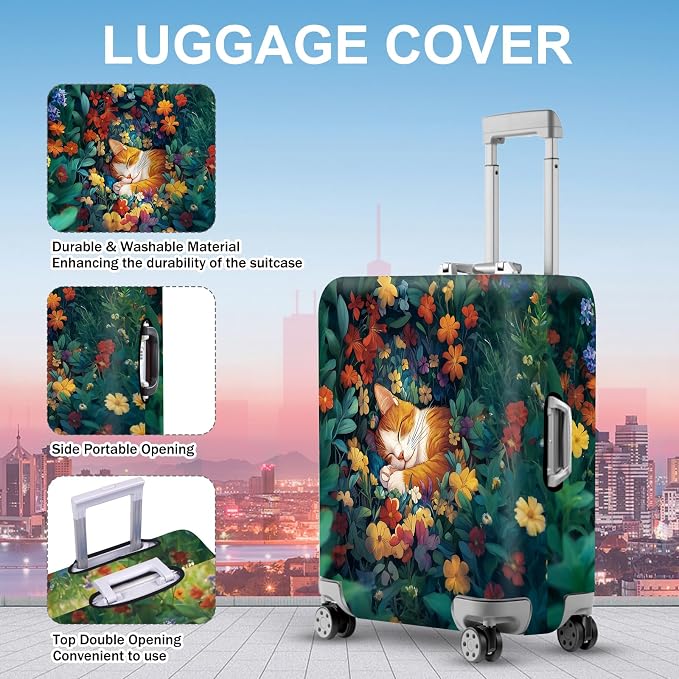 ANNA QUEEN Dreamy Cat Luggage Cover, Cat Sleeping in a Flower Field Design - Image 4