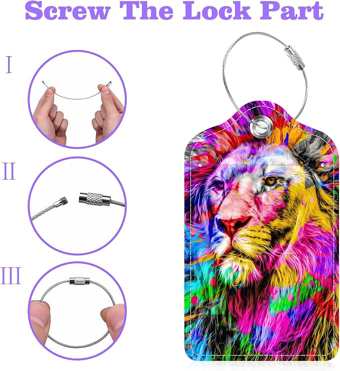 2 Pack Luggage Tags for Suitcase Colorful Abstract Lion Leather Stainless Steel - Image 4