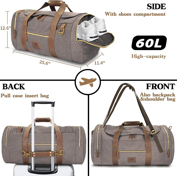 60L Travel Bags for Men, Nomad Canvas Duffle Bag Vintage Genuine Leather Travel - Image 3