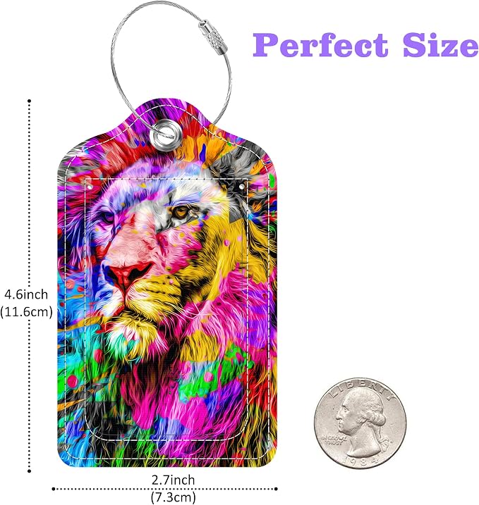 2 Pack Luggage Tags for Suitcase Colorful Abstract Lion Leather Stainless Steel - Image 2