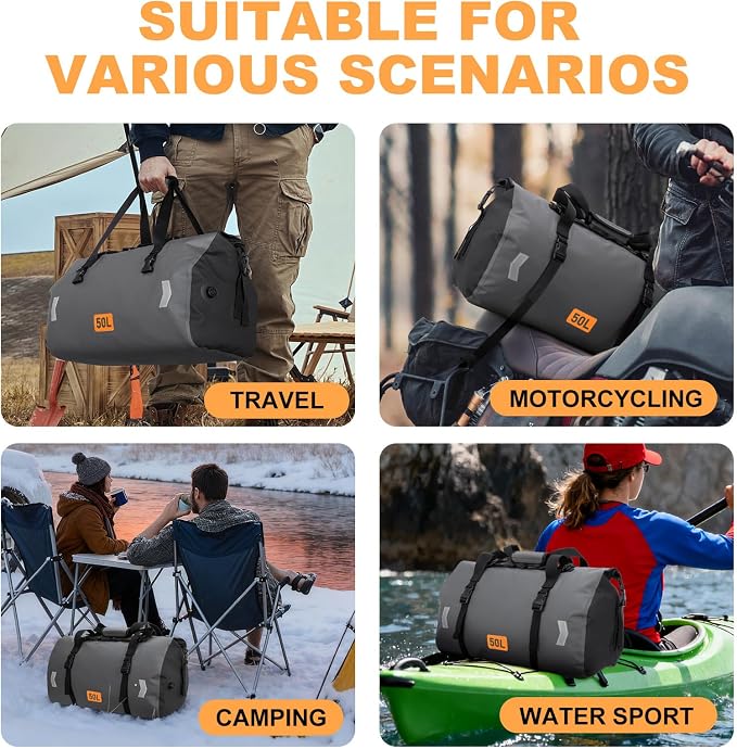 Waterproof Duffel Bag, 50L Roll-top Motorcycle Dry Bag - Image 6