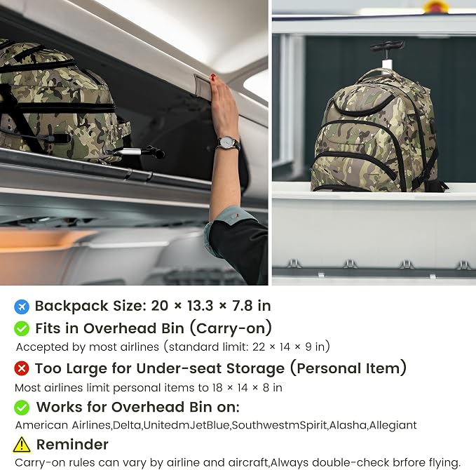 Boavan Rolling Backpack, 17 inch Water Resistant Wheeled Backpack, Carry on - Image 3
