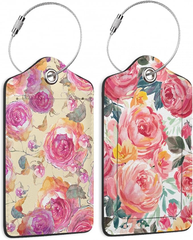 2 Pack Luggage Tag for Suitcase, Retro Flower Rose Leather Suitcase Tags by TXIANT
