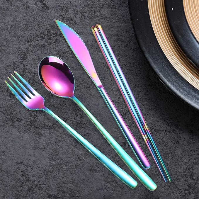 AARAINBOW 6 Pieces 18/8 Stainless Steel Flatware Set Portable Reusable Cutlery - Image 7