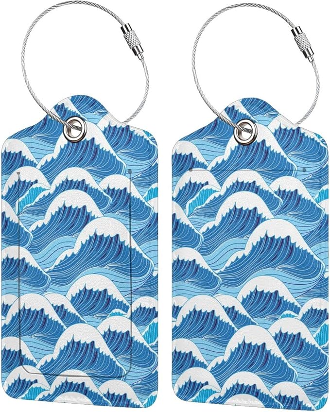 2PC Cartoon Waves Luggage Tag, Cute Blue Sublimation Printed Travel Suitcase by OUZPGAQ