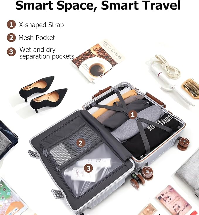 feilario 24in Aluminum Frame Wide Handle Hard Shell Carry On Suitcase - Image 5