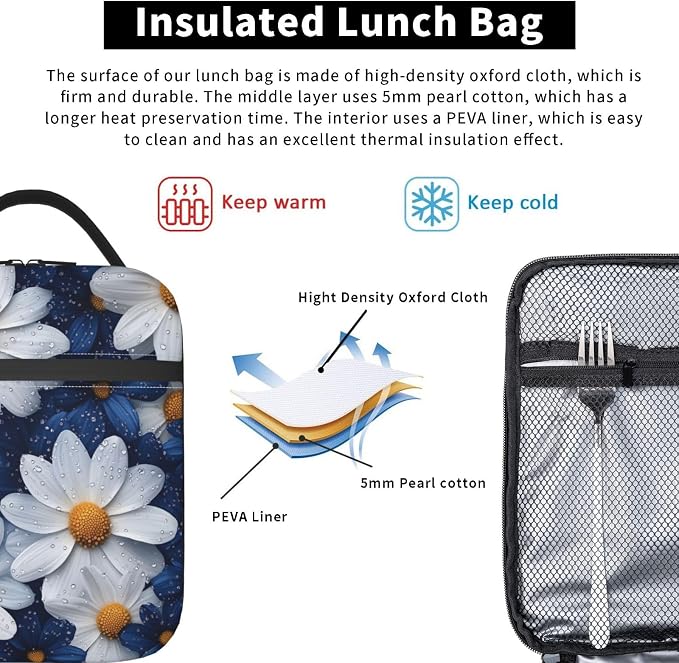 Daisy Insulated Lunch Box for Women Men Daisy Lunch Bag for Travel, or Fishing - Image 5