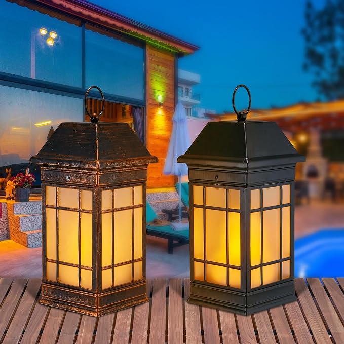 14" Solar Lantern Outdoor Waterproof, Glass Flickering Flame Solar Lanterns - Image 7