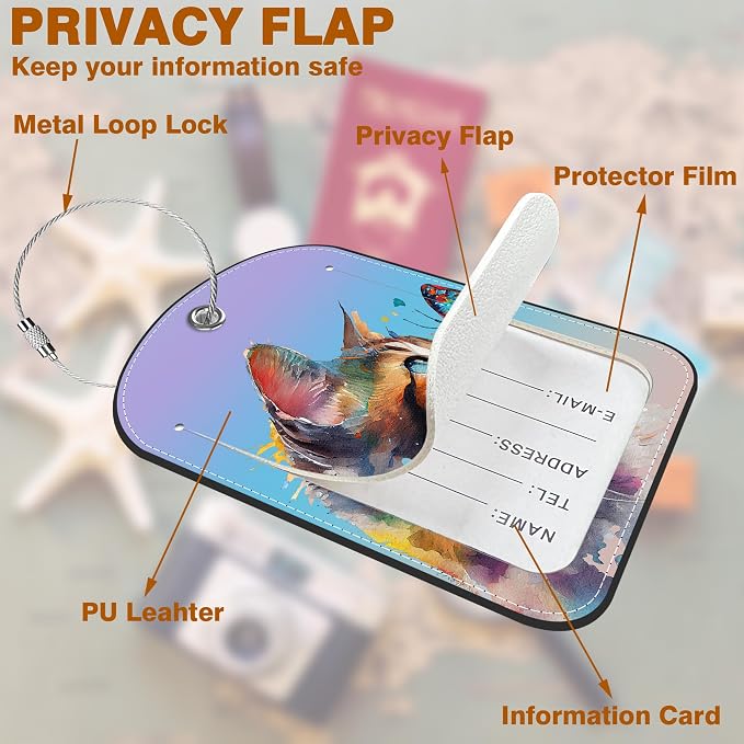 2 Pack PU Luggage Tags for Suitcase, Watercolor Cat and Butterfly Suitcase Tag - Image 3