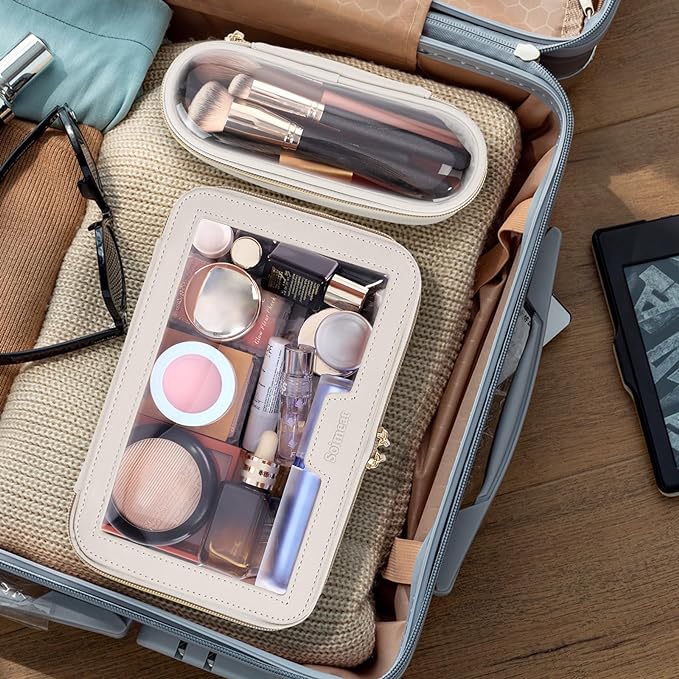 Travel Clear Makeup Bag with Makeup Brush Bag, Leather Make up Case Toiletry Bag - Image 3