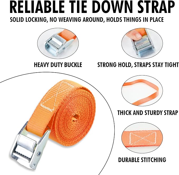 Cartman 1" x 12' Lashing Straps Cargo Tie-Down Strap Up to 600lbs, 2pk Orange - Image 2