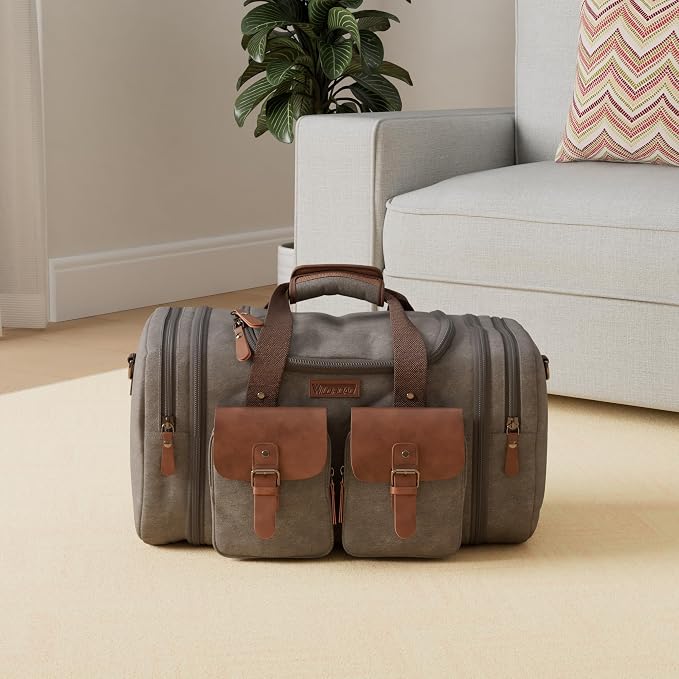 Wildroad 60L Travel Duffel Bag, Expandable Canvas Genuine Leather Duffle Bag - Image 2