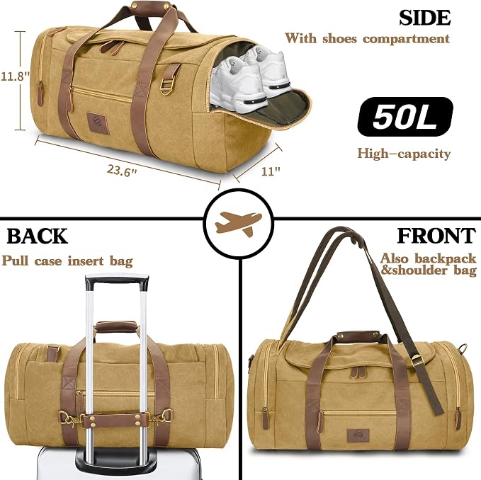 50L Duffle Bag for Men, Nomad Waxed Canvas Travel Duffel Bag Vintage Genuine - Image 2