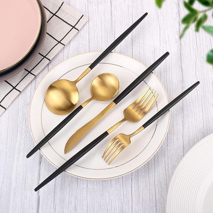 Matte Gold Silverware Set With Black Handle, IBIILII JEFF 40 Pieces Stainless - Image 3