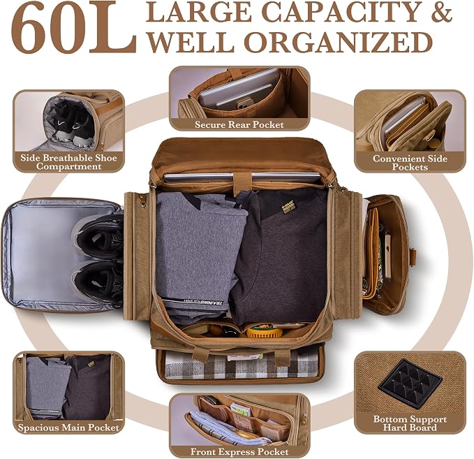SHOWKOO Duffle Bag for Travel 60L Expandable Canvas Travel Bag Durable Vintage - Image 3