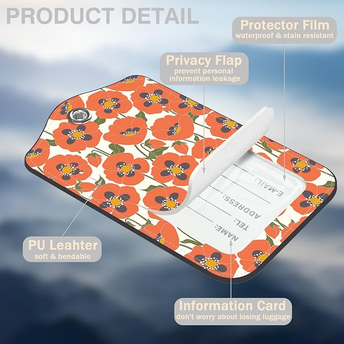 2 Pack Luggage Tags for Suitcases Orange Flowers Leather Luggage Tags Privacy - Image 3