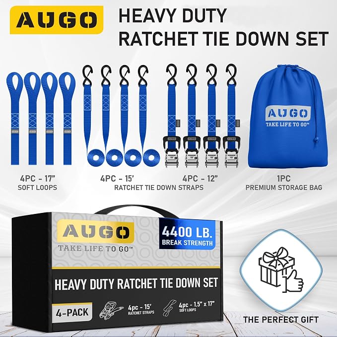 AUGO Heavy Duty Ratchet Straps & Soft Loops – Pack of 4 Extra Strong 1.5” by - Image 4