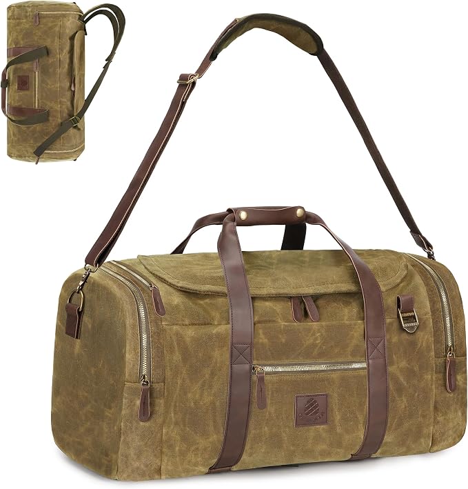 60L Travel Bags for Men, Nomad Washed Canvas Duffle Bag Vintage Genuine Leather by DensataTravelBag