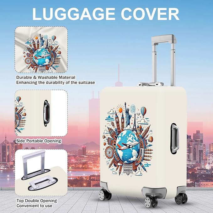 ANNA QUEEN Travel Around the World Luggage Cover, Colorful Landmark Suitcase - Image 3