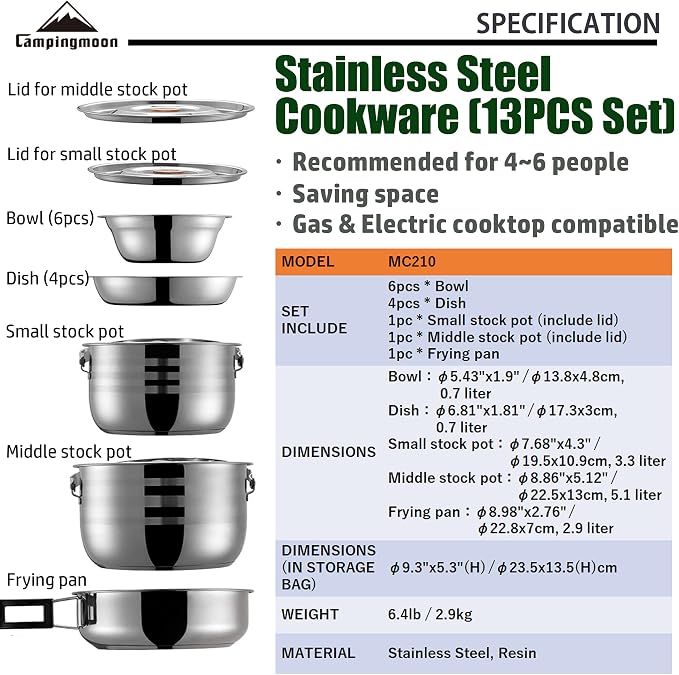 CAMPINGMOON Camping Cookware Set Stainless Steel Outdoor Nesting Cooking Mess - Image 2