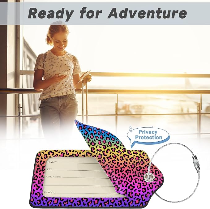 2 Pack Leather Luggage Tag for Suitcase Neon Rainbow Colored Leopard Print - Image 5