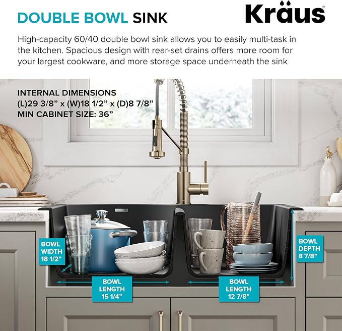 KRAUS Forteza 33-inch Drop In/Undermount 60/40 Double Bowl Granite Kitchen Sink - Image 3