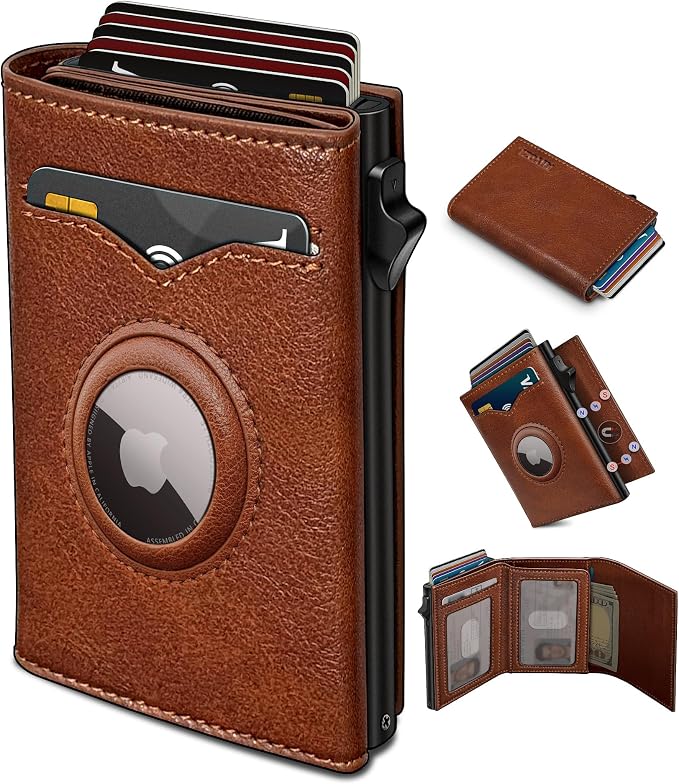 Airtag Wallet for Men, with Cash Pocket 2 ID Window 9-12 Cards, Metal Case by Miyozi