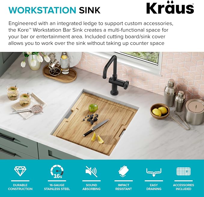 KRAUS Kore 17-Inch Undermount Workstation 16 Gauge Single Bowl Stainless Steel - Image 3