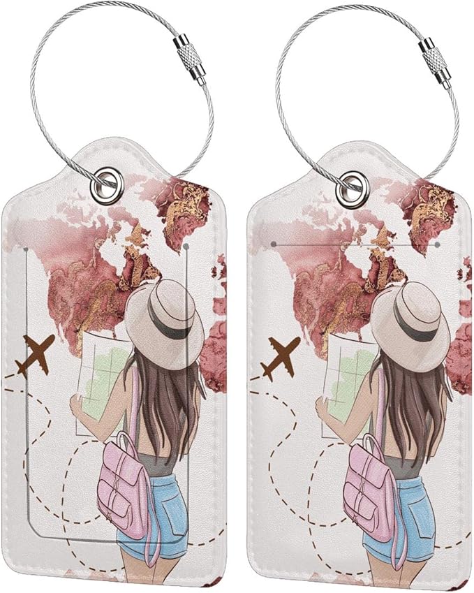 2 Pack Luggage Tags for Suitcase, Travel Girl PU Leather Travel Luggage Tag by South+Feather