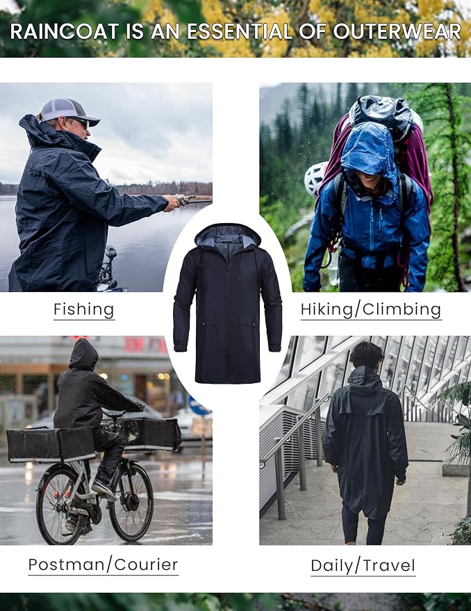 COOFANDY Men's Long Raincoat Ligtweight Rain Jacket Waterproof Outdoor Jackets - Image 4