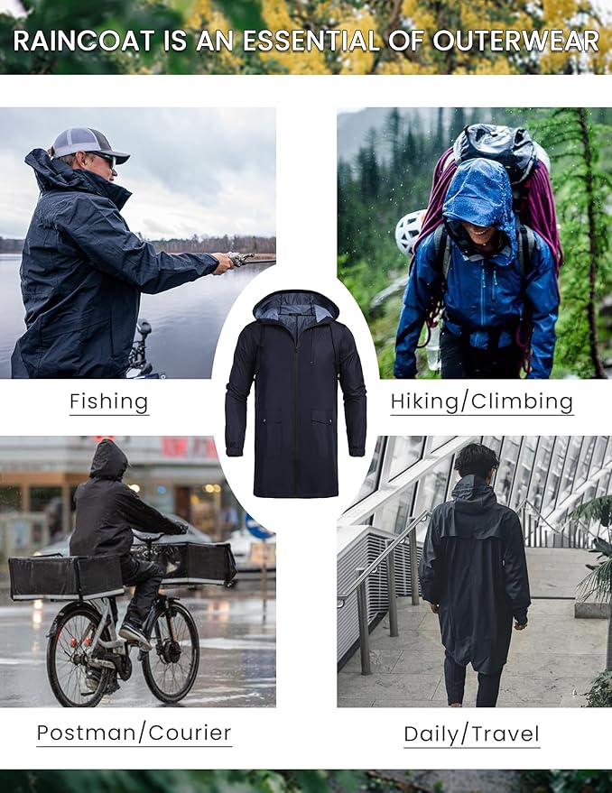 COOFANDY Men's Long Raincoat Ligtweight Rain Jacket Waterproof Outdoor Jackets - Image 4