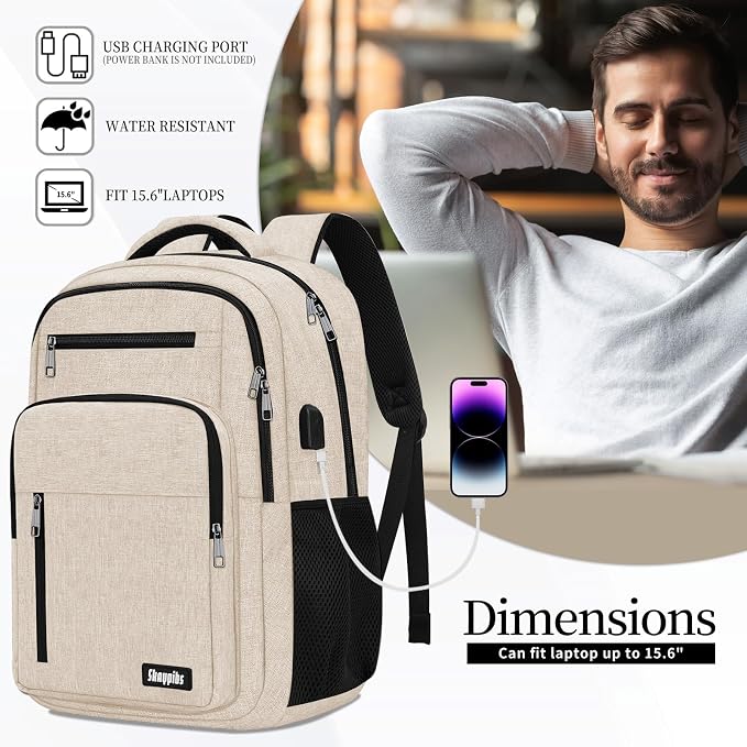 Beige Backpack for Men Women, School Backpack for Boys Girls Teens, 15.6 Inch - Image 4