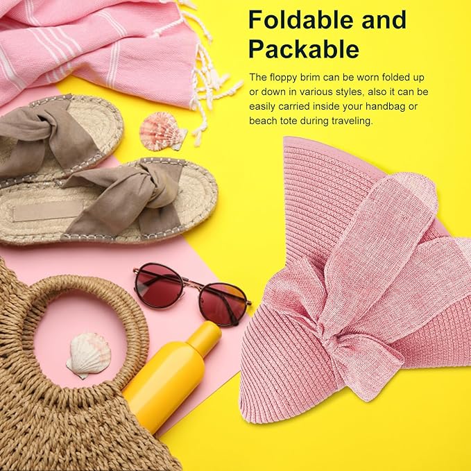 DRESHOW Beach Hats for Women Big Straw Wide Brim Summer Hat Floppy Foldable - Image 4