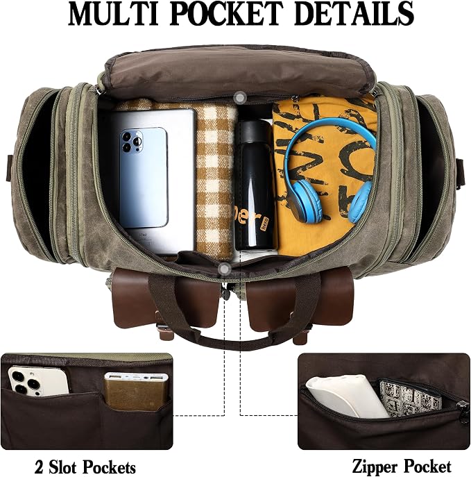 Waxed Canvas Duffle Bag for Men 50L Travel Duffel Bags Expandable Genuine - Image 5