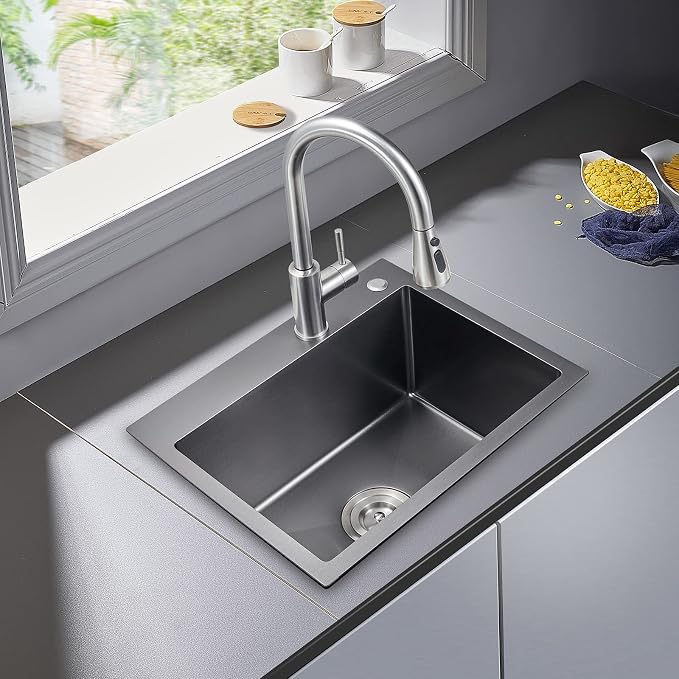 POPFLY 23 x 18 Inch Drop in Kitchen Sink, 304 Stainless Steel Overmount Single - Image 2