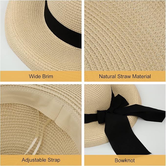 Surblue Straw Summer Hat Women's Floppy Sun Hat Wide Brim Beach Bow Hat - Image 2