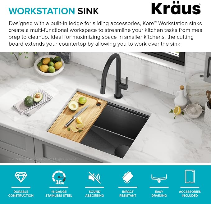 KRAUS Kore 23 Inch Undermount Workstation 16 Gauge Black Stainless Steel Single - Image 4