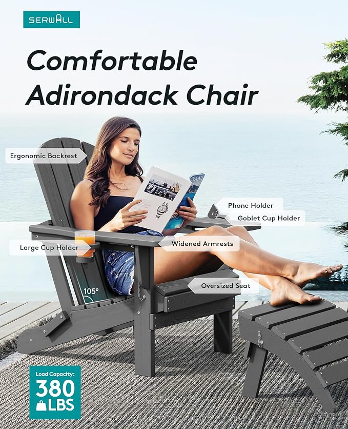 SERWALL Foldable Adirondack Chair, HDPE Adirondack Chair - Image 4