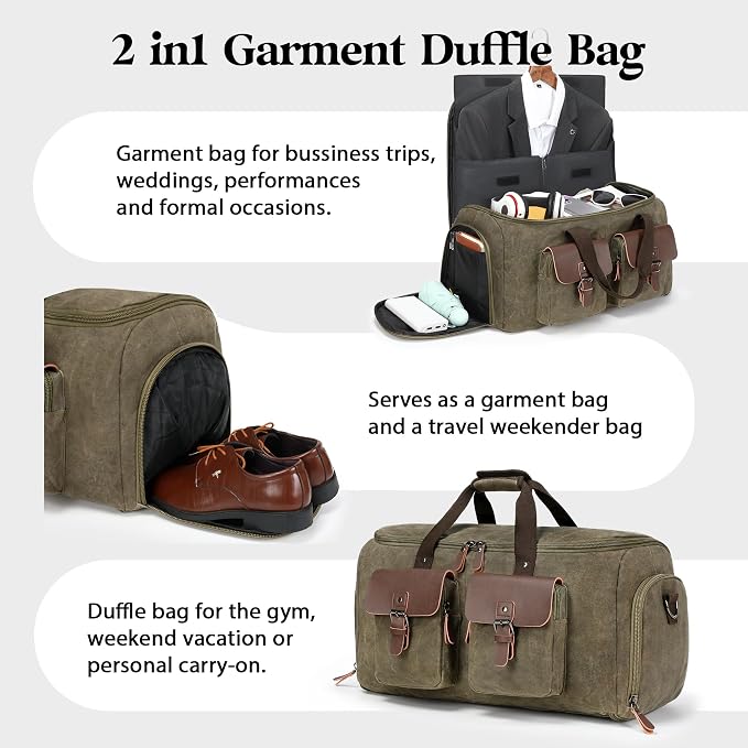 Waxed Canvas Garment Bags for Travel, Convertible Carry On Garment Duffel Bag - Image 2