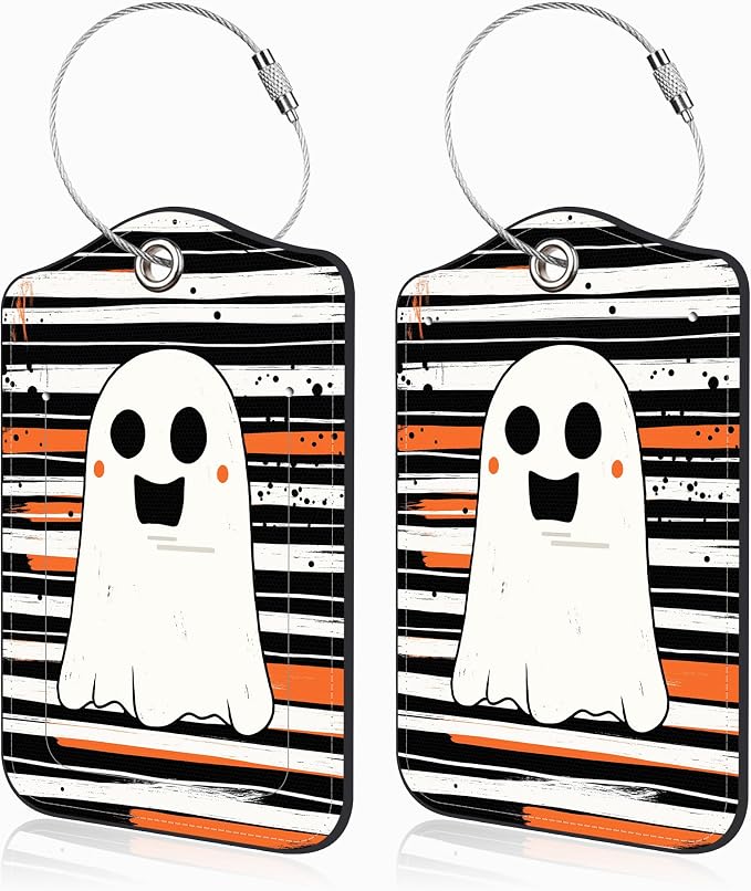 Halloween Set of 2 Luggage Tags Cute Ghost on Black and White Stripes Luggage by Unknown