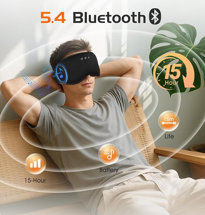Bluetooth Sleep Mask with 2 Removable 3D Contoured Cup, Bamboo Cotton Bluetooth - Image 5