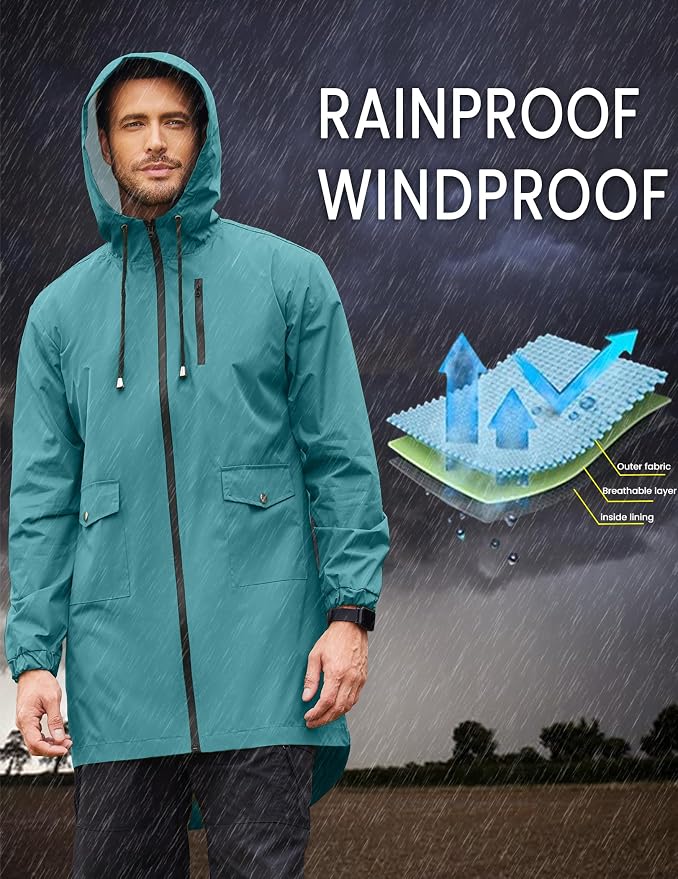 COOFANDY Men's Long Raincoat Ligtweight Rain Jacket Waterproof Outdoor Jackets - Image 3