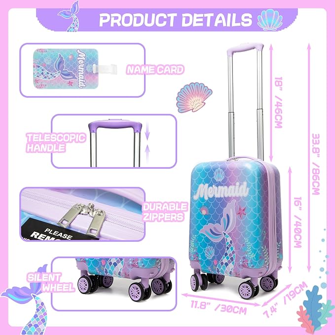 Cute Mermaid Kid’s Luggage Set 5 Piece Suitcase Set 16’’ Hardside Luggage - Image 2