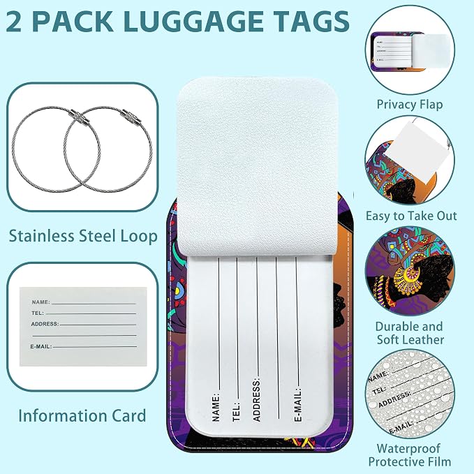 2 Pack Cute Luggage Tag for Suitcases African Girl Leather Luggage Tags - Image 2