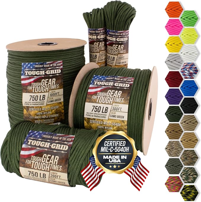 TOUGH-GRID 750 Paracord Rope Nylon Parachute Cord, Made in USA Survival Kit by TOUGH-GRID