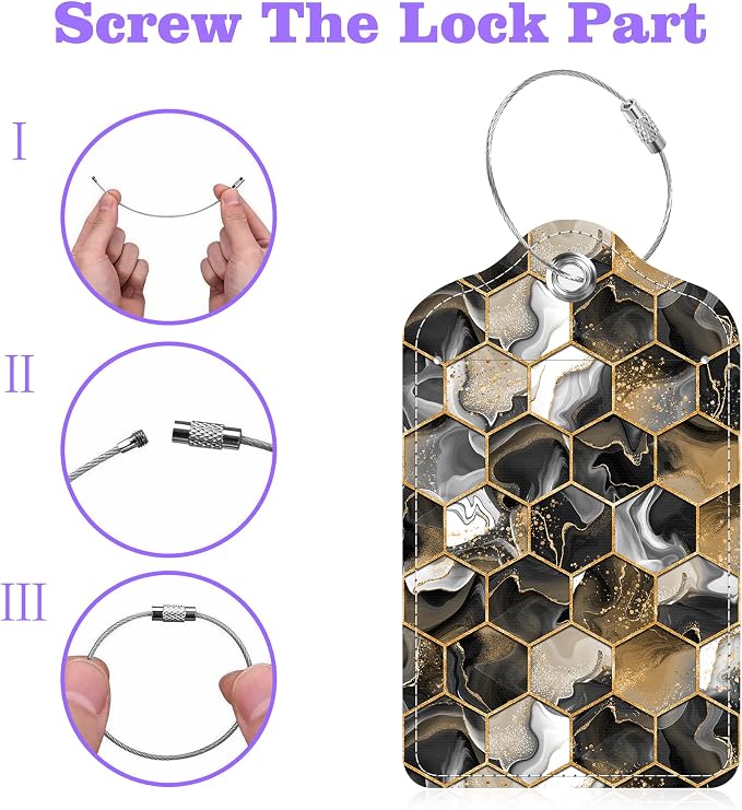 Gold Ink Hexagon Texture Luggage Tags 2PCS PU Leather Suitcases Tag - Image 4