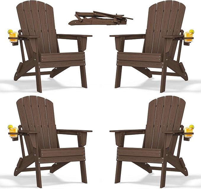 Folding Adirondack Chair with Cup Holder Set of 4, HDPE Patio Chairs, by nevilywood