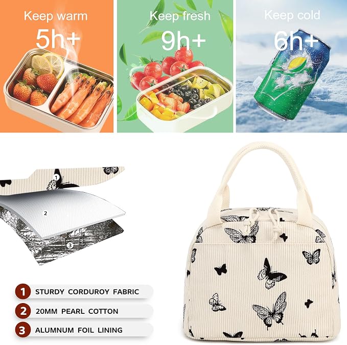 Bluboon Lunch Bag for Women Men Cute Corduroy Lunch Tote Bags Reusable - Image 4