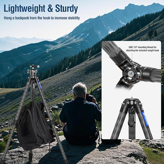 Carbon Fiber Lightweight Travel Tripod, Max Load 33.07lb - Image 4